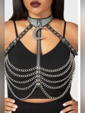 Killstar Black Faux Leather Harness Belt with Silver Chains and Crescent Pendant